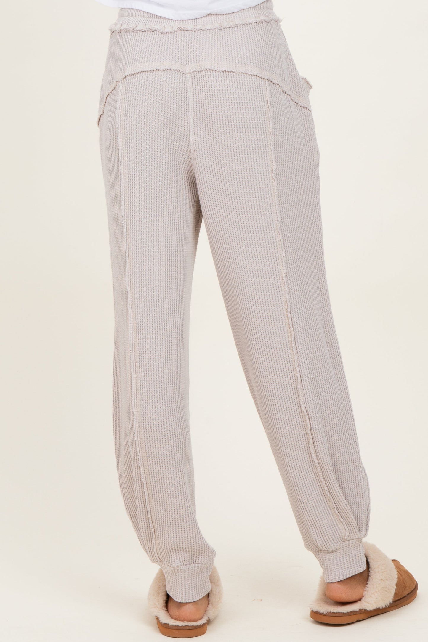 Beige Raw Seam Waffle Knit Joggers