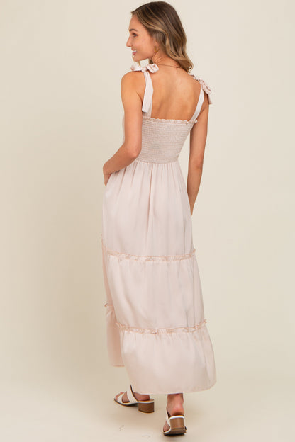 Beige Satin Smocked Maxi Dress