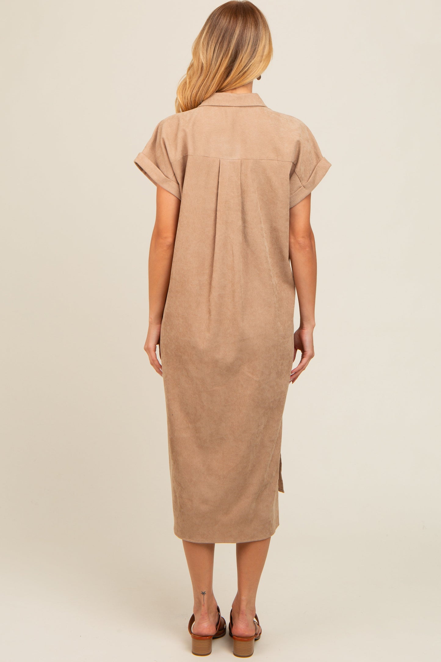 Beige Corduroy Button Down Midi Dress