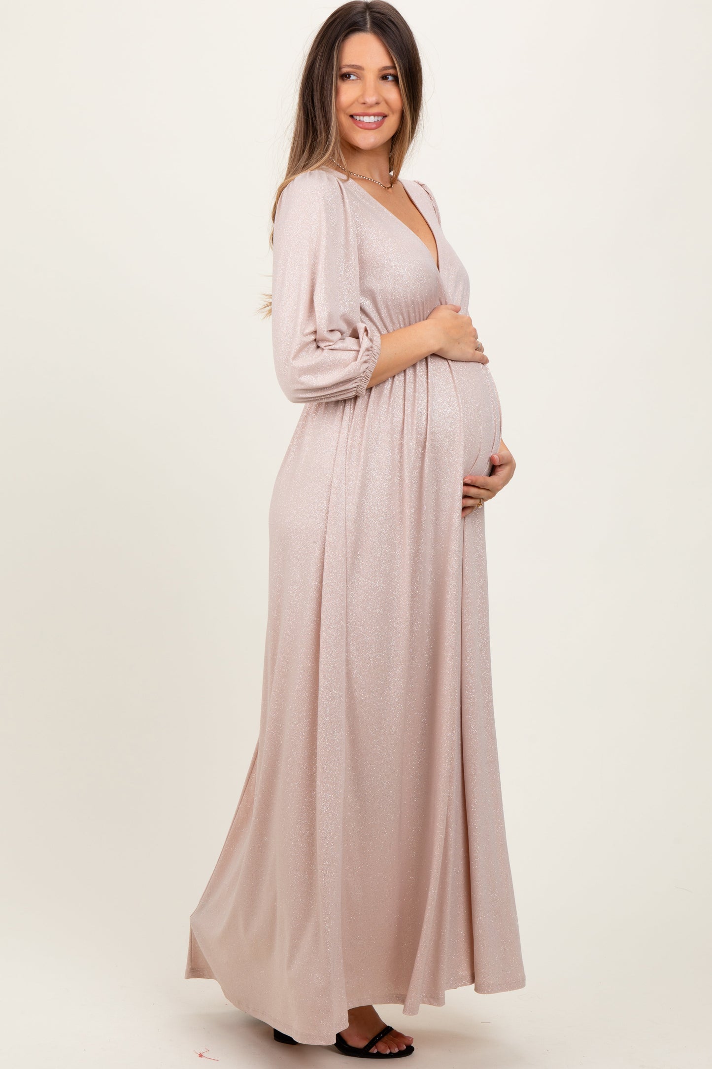 Beige Glitter V-Neck Maternity Maxi Dress