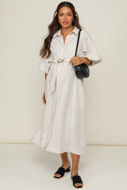 Beige 3/4 Bubble Sleeve Maternity Midi Shirt Dress