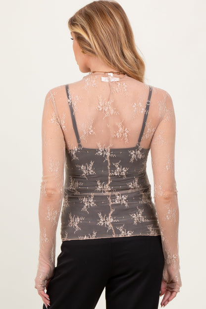 Beige Mesh Lace High Neck Long Sleeve Maternity Top