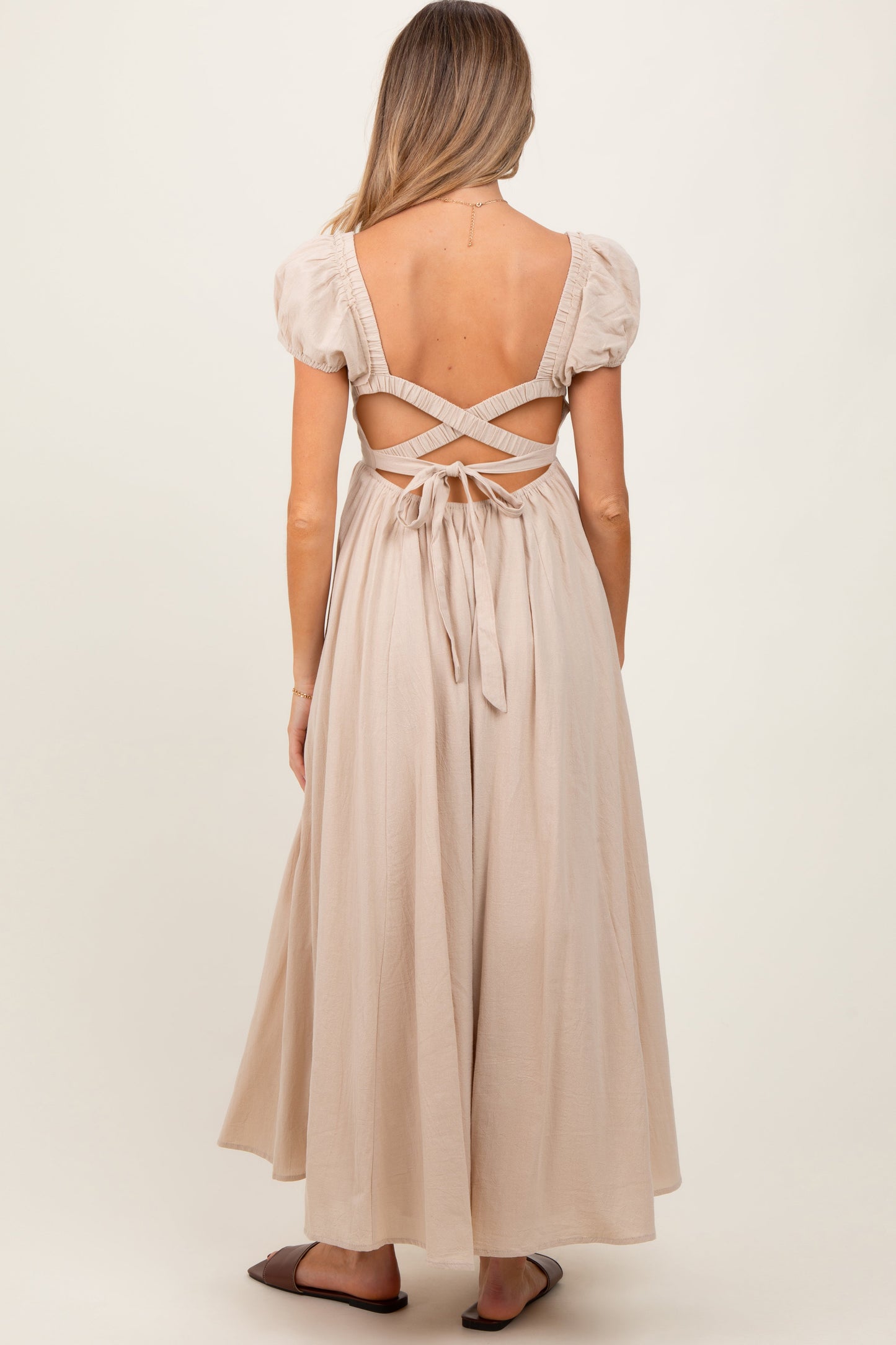 Beige Square Neck Smocked Top Criss Cross Back Tie Maternity Maxi Dress