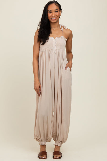 Beige Smocked Button Front Shoulder Tie Jumpsuit