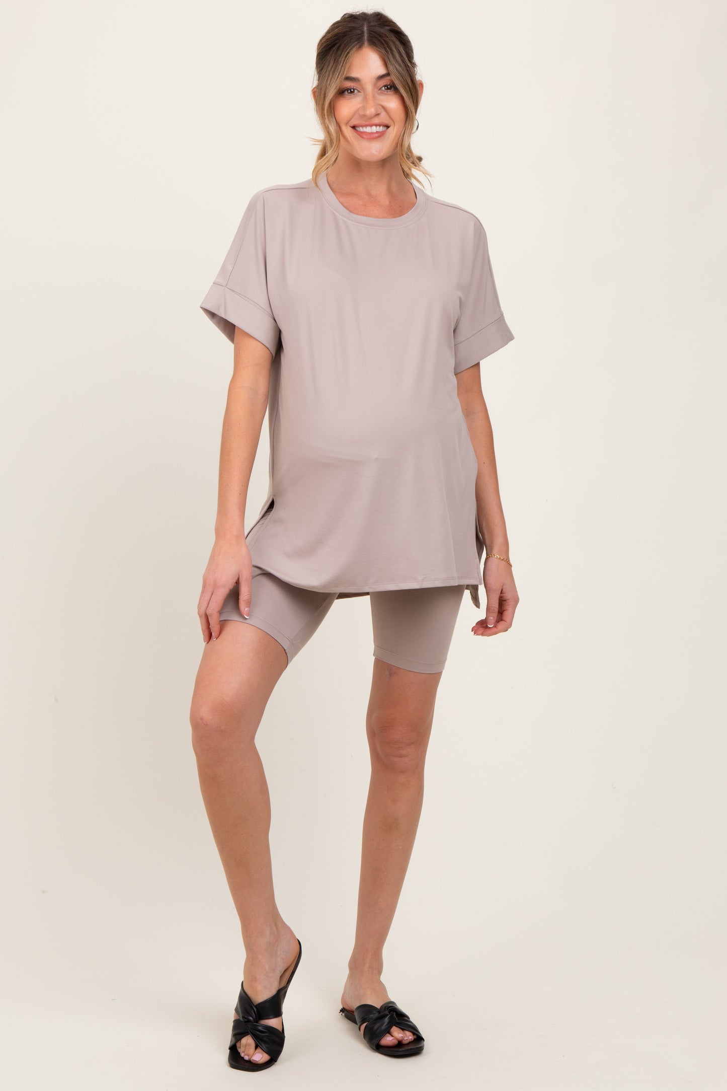 Beige Hi-Low Short Sleeve Tee Biker Short Maternity Set