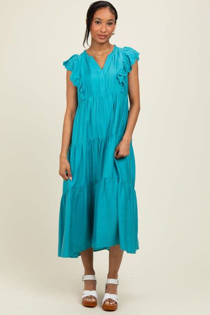 Aqua Ruffle Sleeve Tiered Maternity Midi Dress