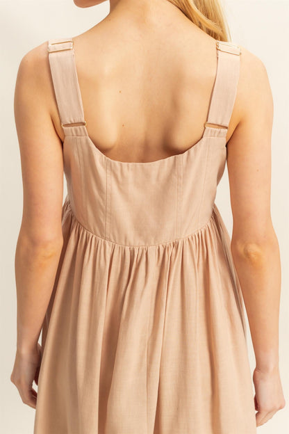 Beige Square Neck Fit And Flare Midi Dress