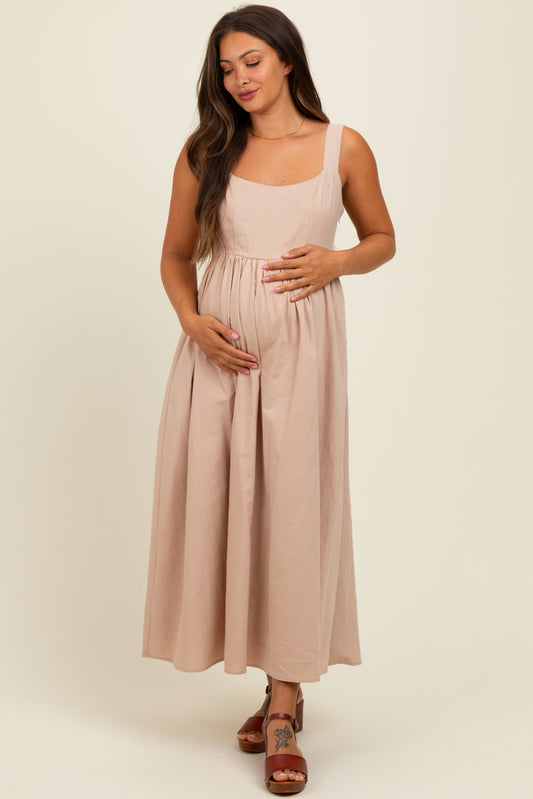 Beige Square Neck Fit And Flare Maternity Midi Dress