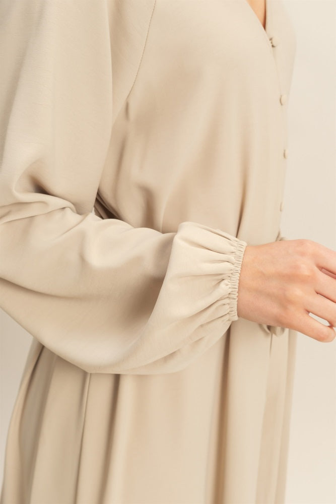 Beige Elegant Long Sleeve Waist Tie Midi Dress