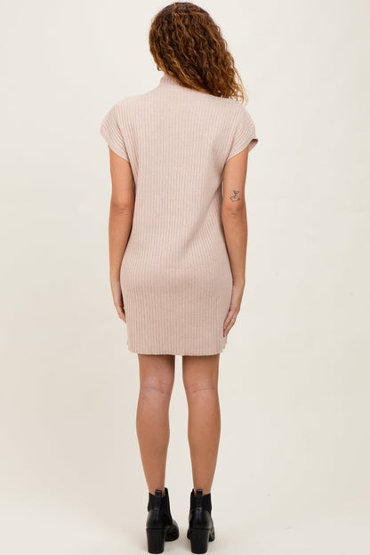Beige Ribbed Knit Short Sleeve Sweater Dress