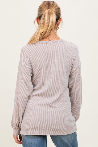 Beige Puff Sleeve Solid Ribbed Maternity Top