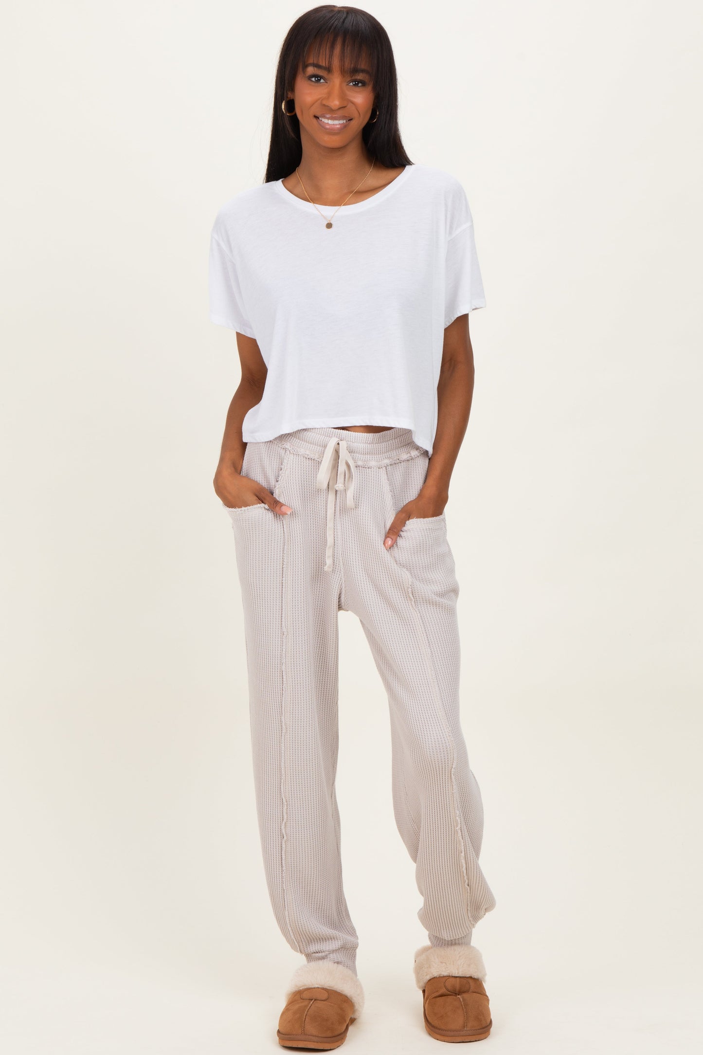 Beige Raw Seam Waffle Knit Maternity Joggers