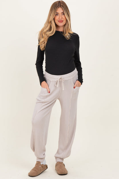 Beige Raw Seam Waffle Knit Maternity Joggers
