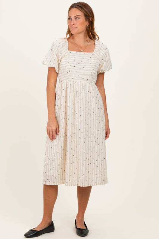 Beige Square Neck Striped Dress