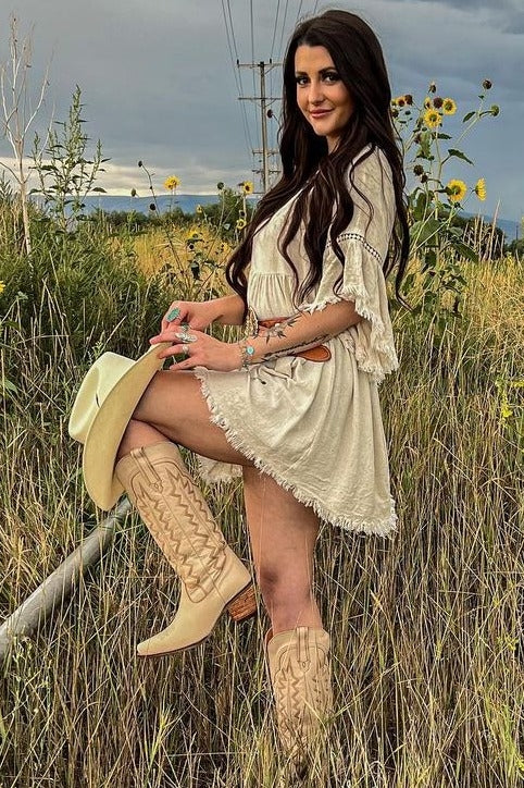 Beige Raw Edge Bell Sleeve Babydoll Dress