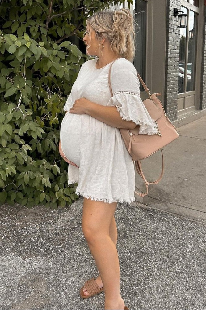 Beige Raw Edge Bell Sleeve Babydoll Maternity Dress
