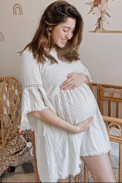 Beige Raw Edge Bell Sleeve Babydoll Maternity Dress