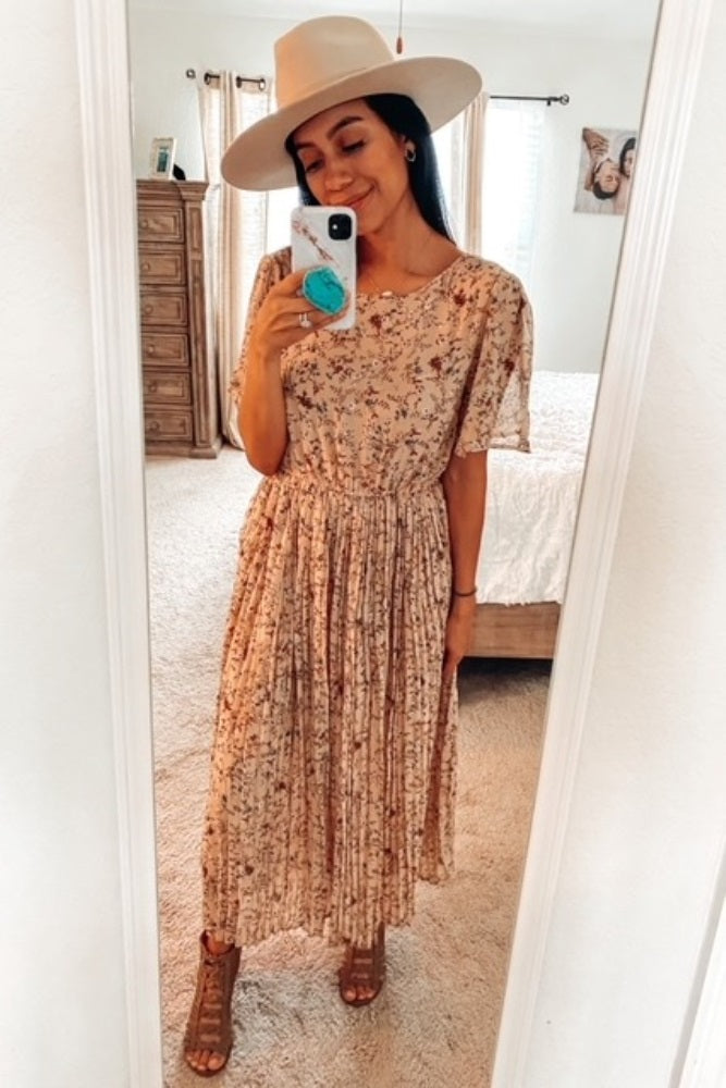Beige Floral Pleated Chiffon Midi Dress