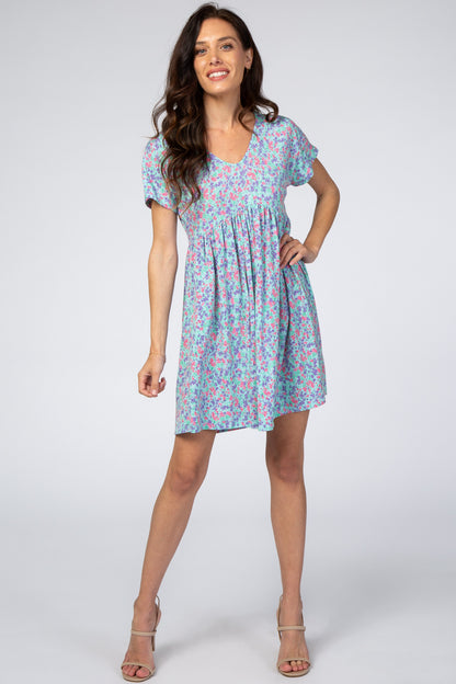 Aqua Floral Short Sleeve Maternity Dress