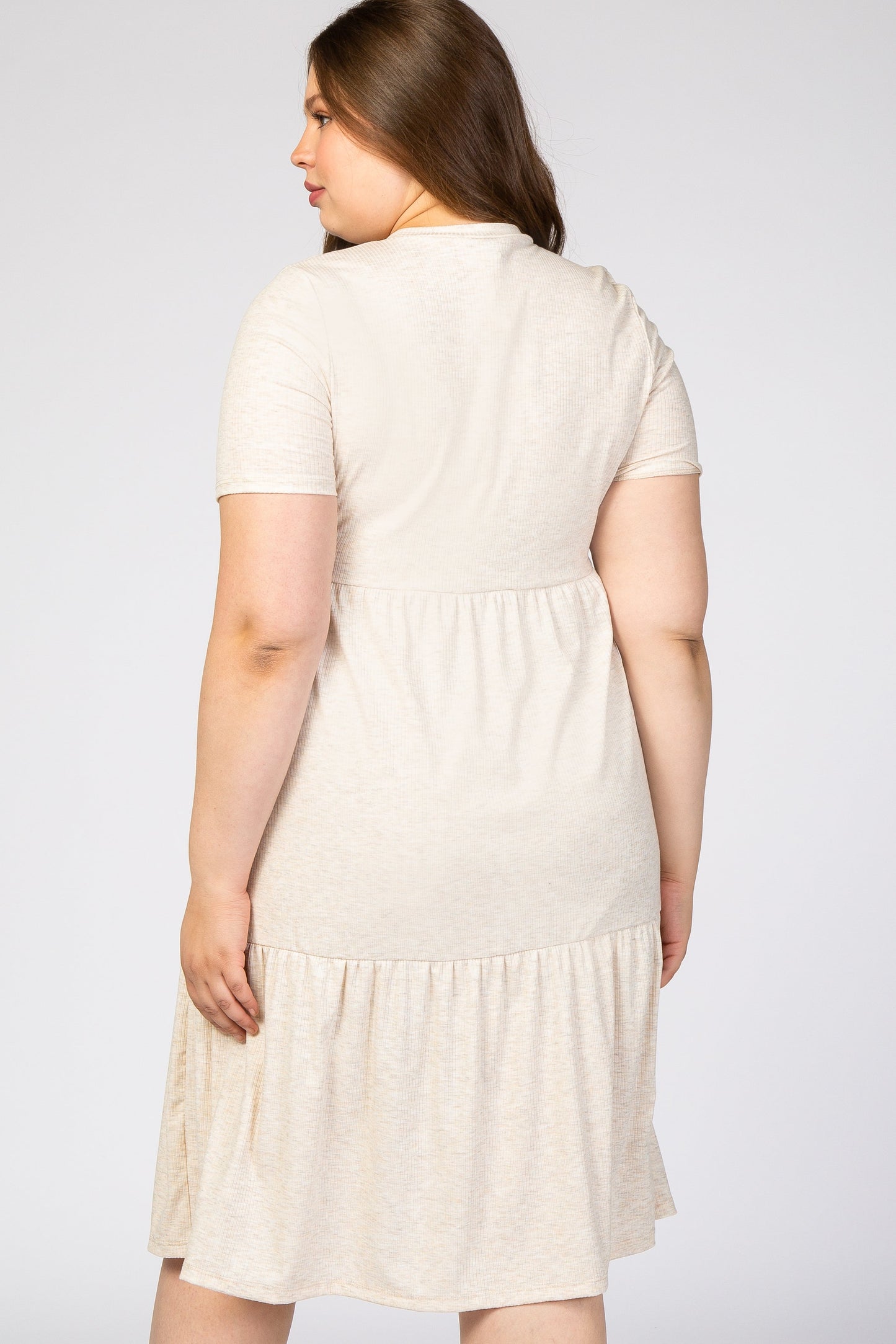 Beige Ribbed Tiered Maternity Plus Dress