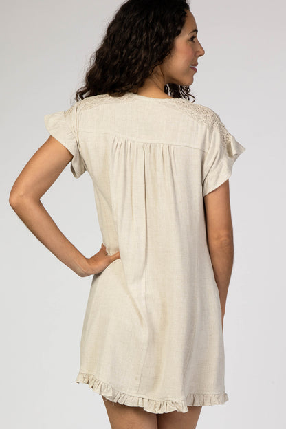 Beige Linen Crochet Shoulder Ruffle Trim Dress