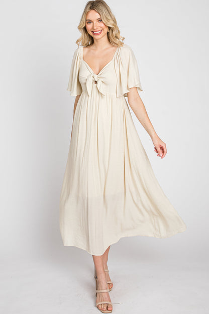 Beige Front Tie Ruffle Sleeve Maternity Midi Dress