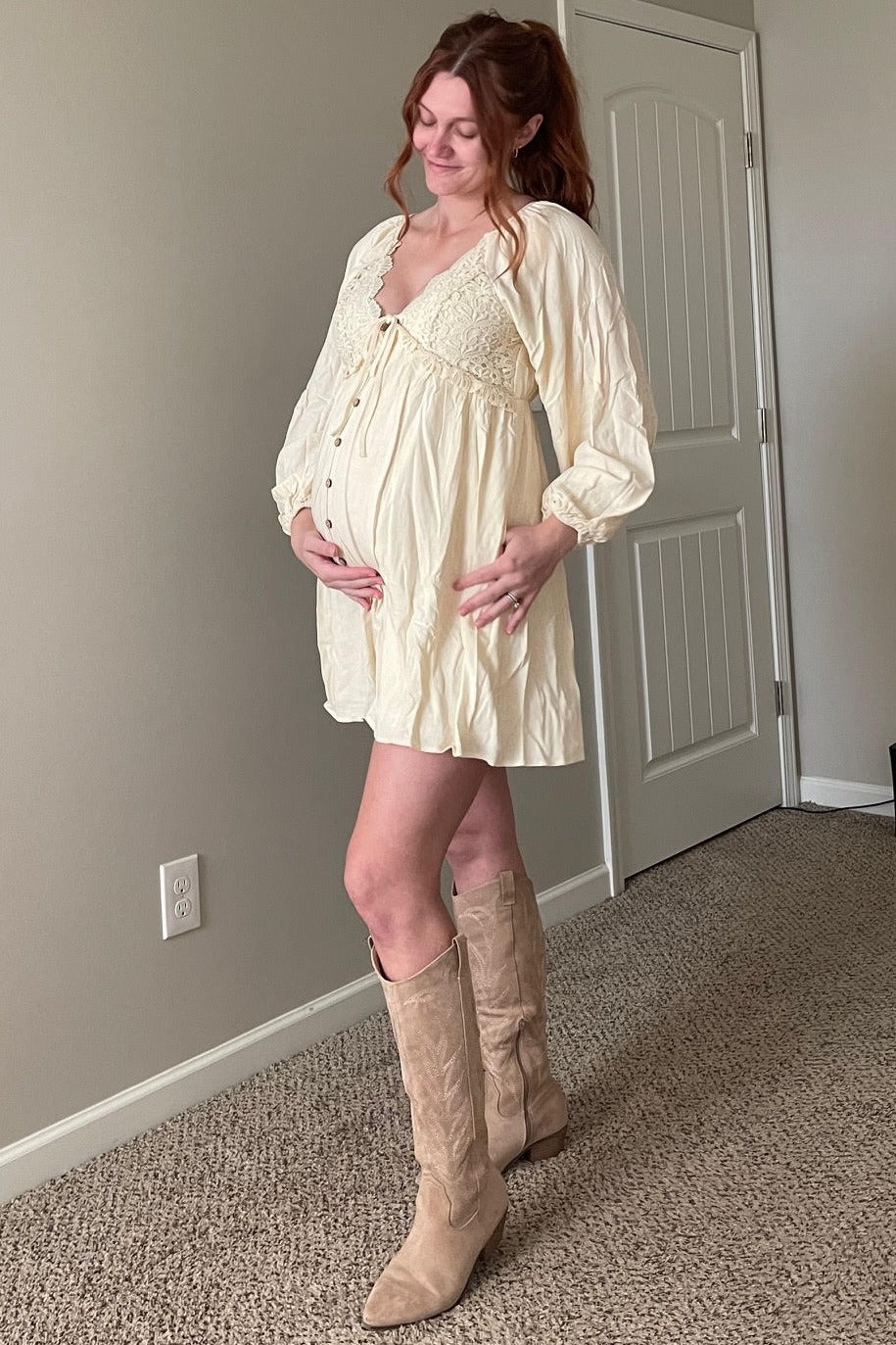 Beige Crochet Lace Button Front Maternity Dress