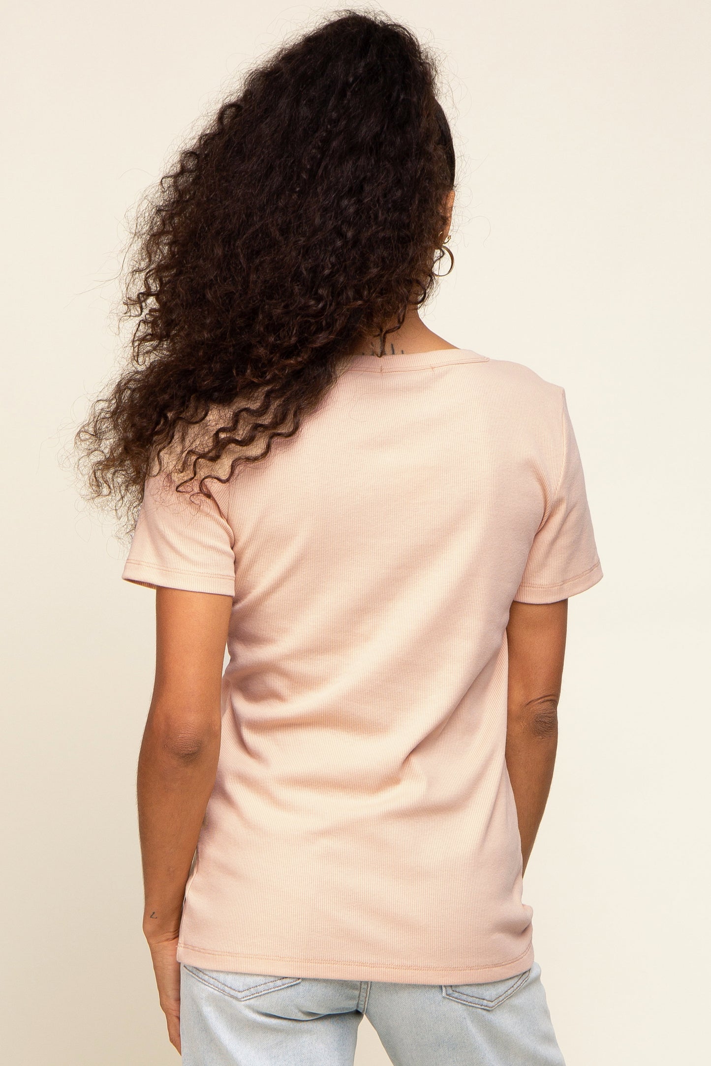 Beige Ribbed V-Neck Top