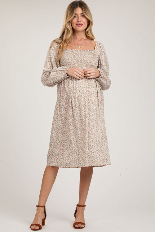 Beige Floral Print Long Sleeve Maternity Midi Dress
