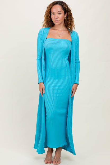 Aqua Ribbed Sleeveless Dress Cardigan Set