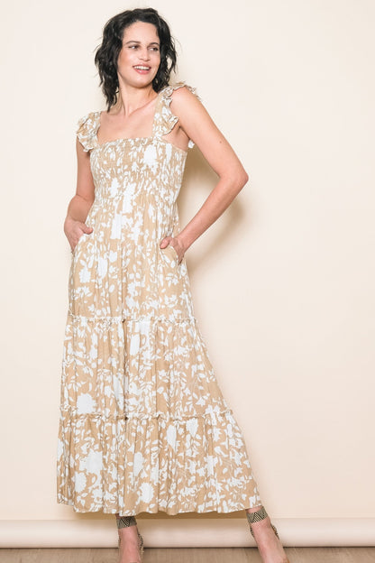 Beige Ruffle Sleeve Tiered Maxi Dress