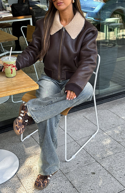 For The People PU Bomber Jacket Chocolate