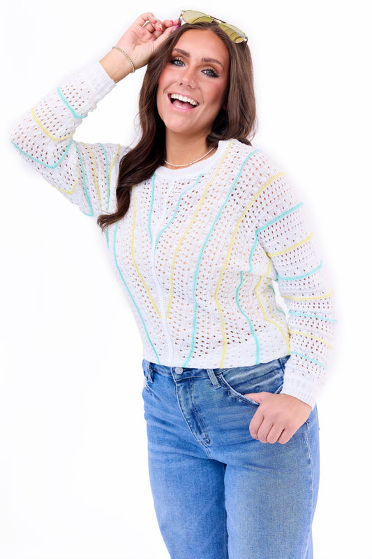 Women's Crochet Striped Open Knit Sweater